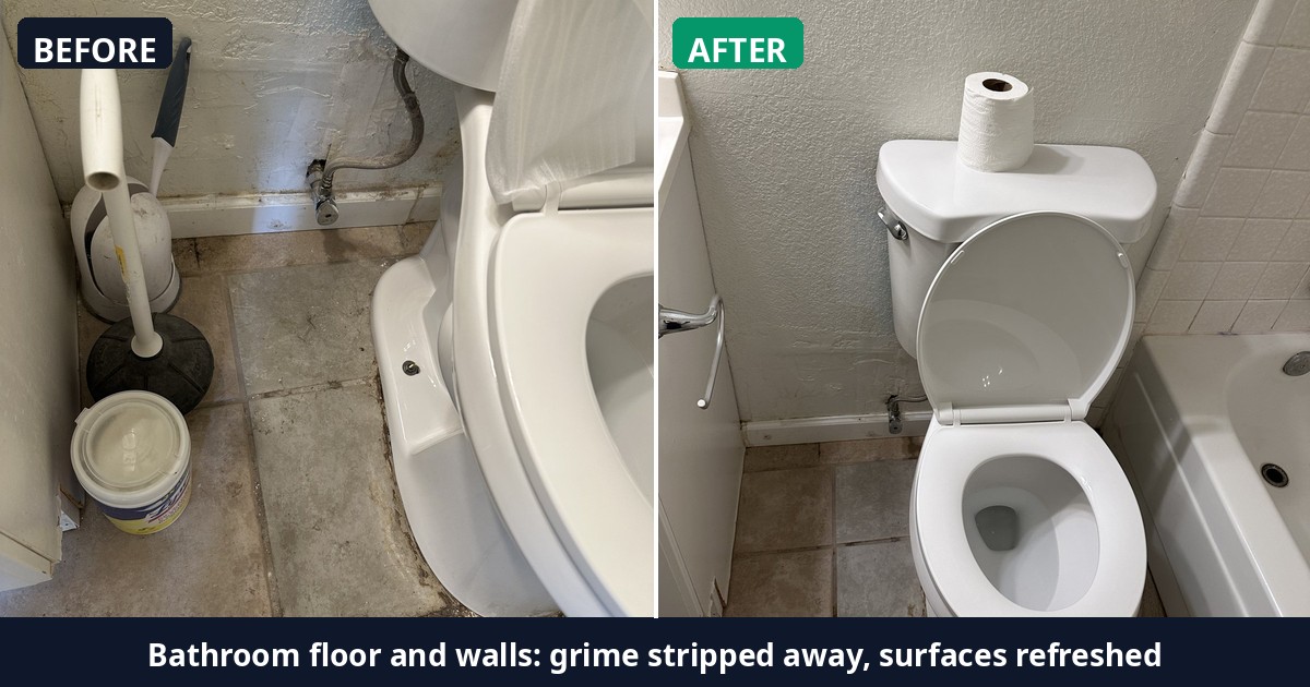 Before and after: Bathroom floor and walls: grime stripped away, surfaces refreshed — Alex's Cleaning Service, Tucson AZ
