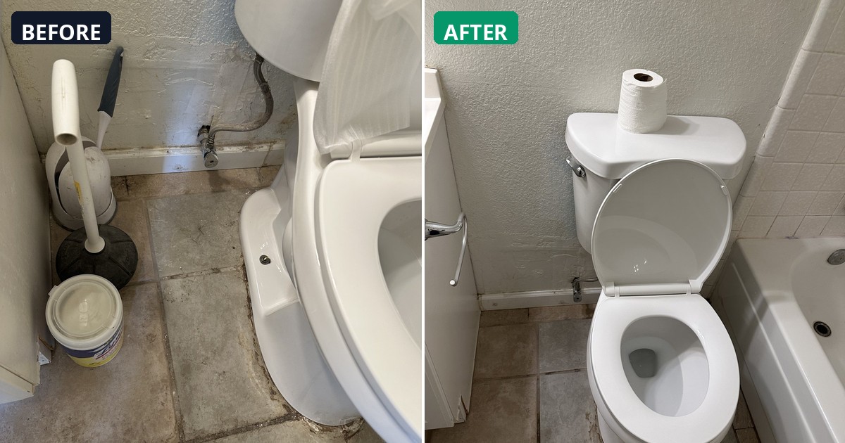 Before and after: Bathroom floor and fixtures cleaned. This space is fresh and spotless. — Alex's Cleaning Service, Tucson AZ
