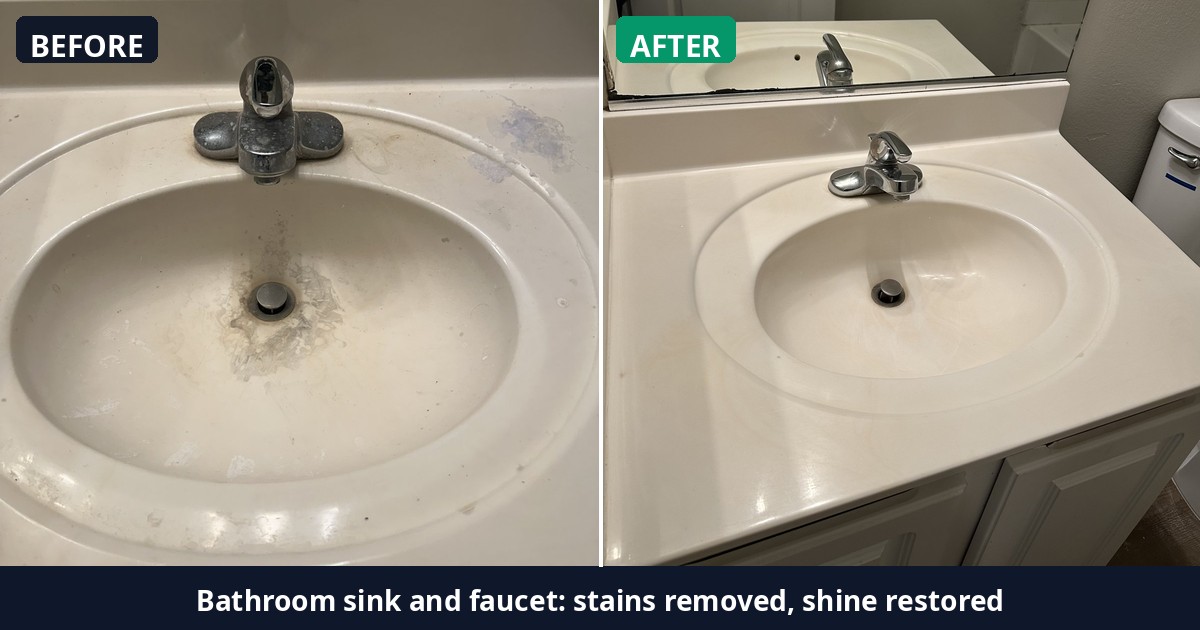 Before and after: Bathroom sink and faucet: stains removed, shine restored — Alex's Cleaning Service, Tucson AZ