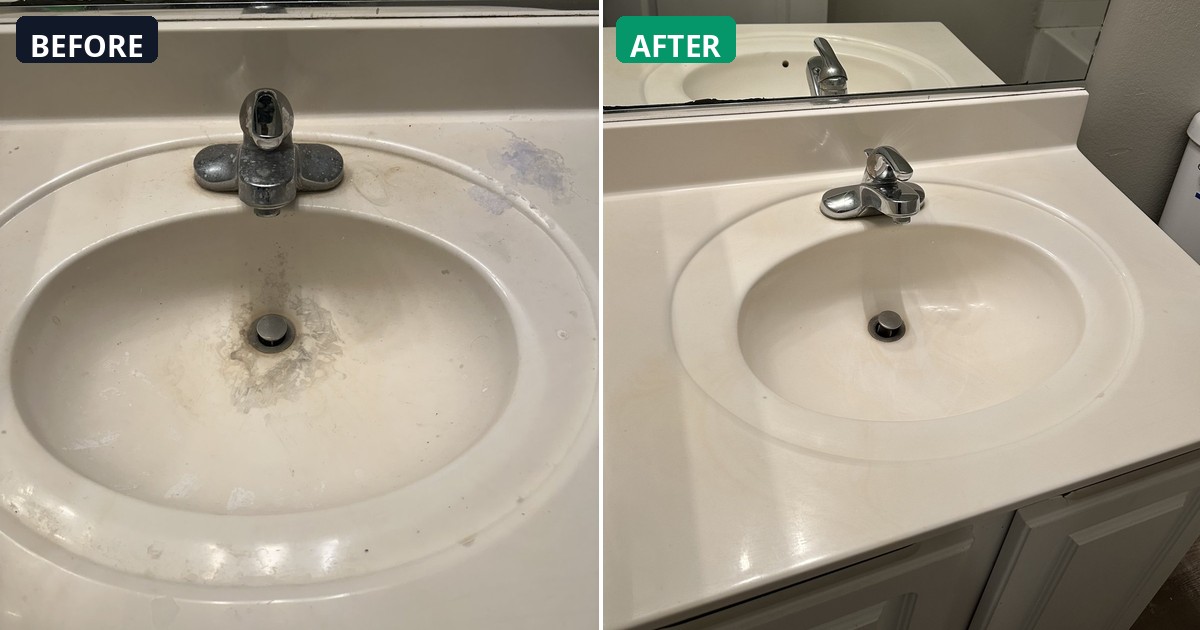 Before and after: Bathroom sink restored to pristine condition. — Alex's Cleaning Service, Tucson AZ