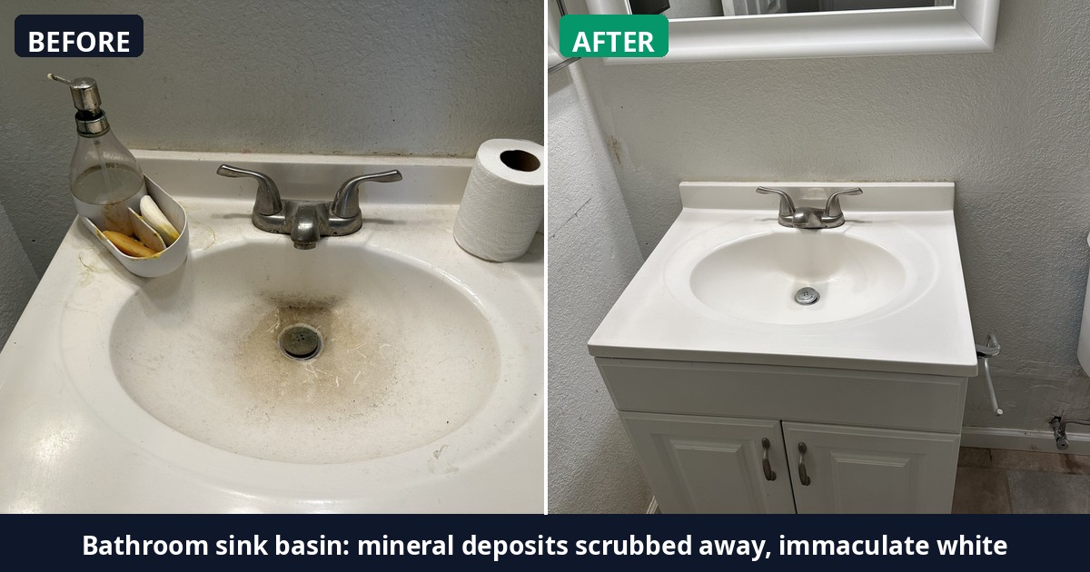 Before and after: Bathroom sink basin: mineral deposits scrubbed away, immaculate white — Alex's Cleaning Service, Tucson AZ