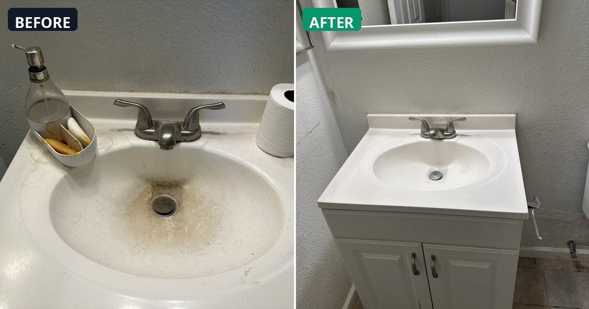 Before and after: Buildup and discoloration cleared away. This sink is immaculate. — Alex's Cleaning Service, Tucson AZ