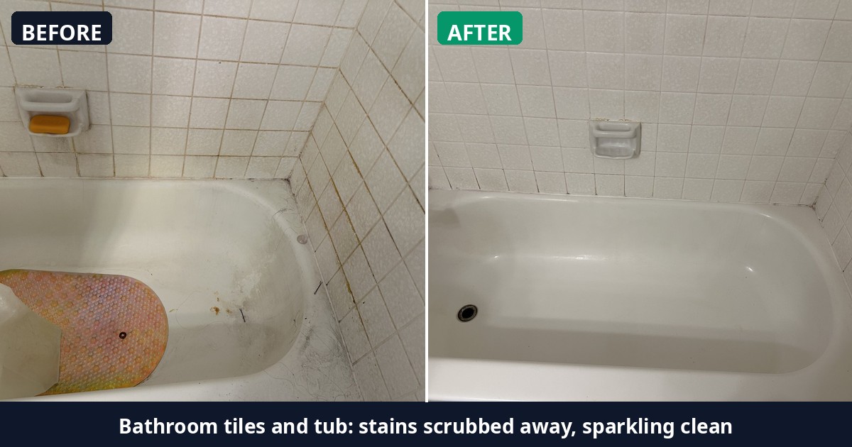 Before and after: Bathroom tiles and tub: stains scrubbed away, sparkling clean — Alex's Cleaning Service, Tucson AZ
