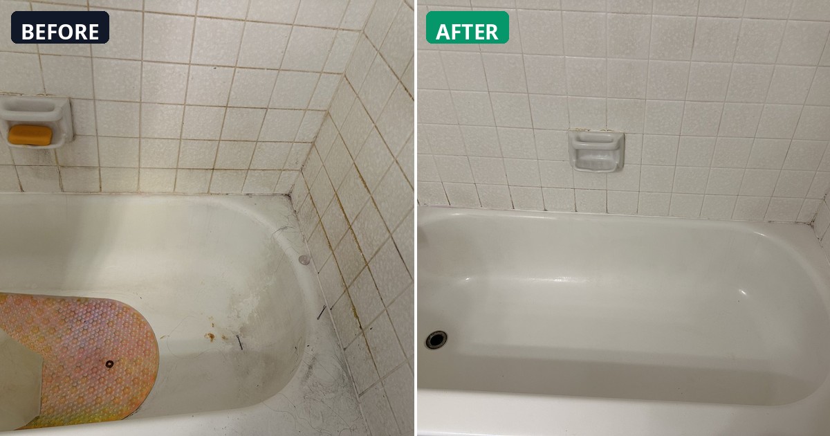 Before and after: Stains and discoloration removed. These bathroom tiles are bright. — Alex's Cleaning Service, Tucson AZ