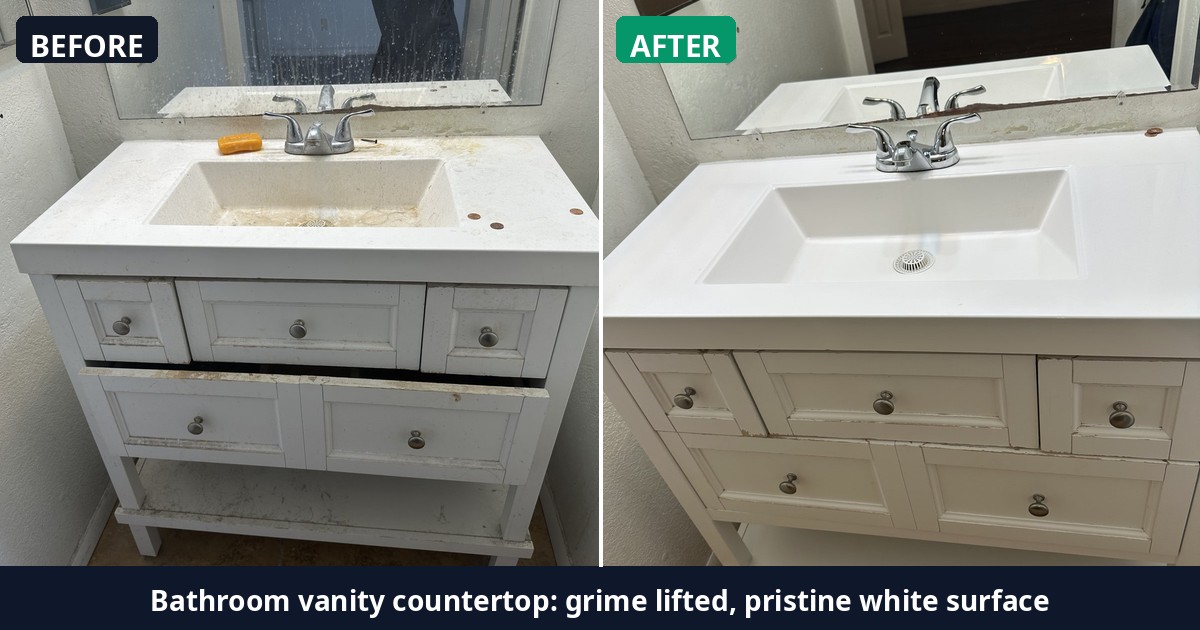 Before and after: Bathroom vanity countertop: grime lifted, pristine white surface — Alex's Cleaning Service, Tucson AZ