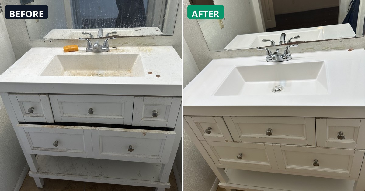 Before and after: Bathroom vanity and countertop cleaned to immaculate white. — Alex's Cleaning Service, Tucson AZ