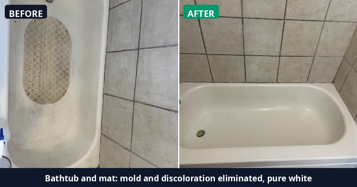 Before and after: Bathtub and mat: mold and discoloration eliminated, pure white — Alex's Cleaning Service, Tucson AZ