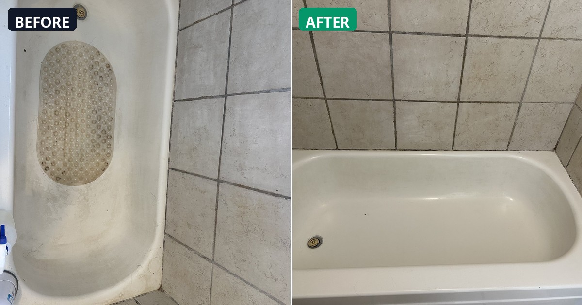 Before and after: Soap scum and mildew gone. This bathtub is spotless. — Alex's Cleaning Service, Tucson AZ