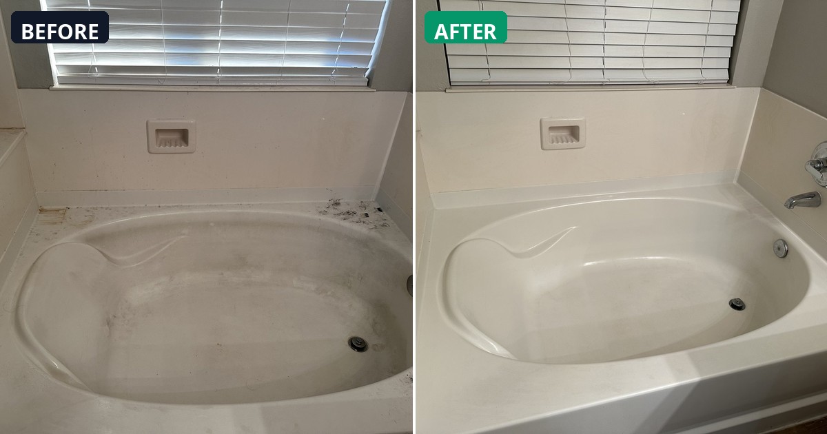 Before and after: Stubborn stains vanished. This bathtub shines like new. — Alex's Cleaning Service, Tucson AZ