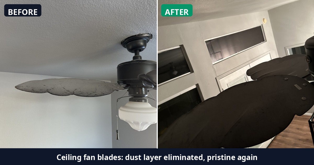 Before and after: Ceiling fan blades: dust layer eliminated, pristine again — Alex's Cleaning Service, Tucson AZ