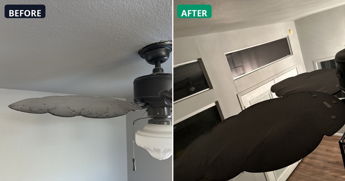 Before and after: Ceiling fan blade cleaned. Dust and buildup completely removed. — Alex's Cleaning Service, Tucson AZ