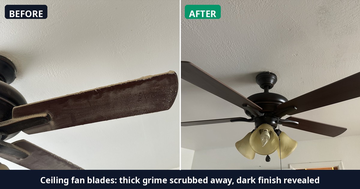 Before and after: Ceiling fan blades: thick grime scrubbed away, dark finish revealed — Alex's Cleaning Service, Tucson AZ