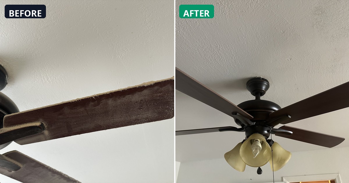 Before and after: Ceiling fan blades and fixture cleaned. Now bright and fresh. — Alex's Cleaning Service, Tucson AZ
