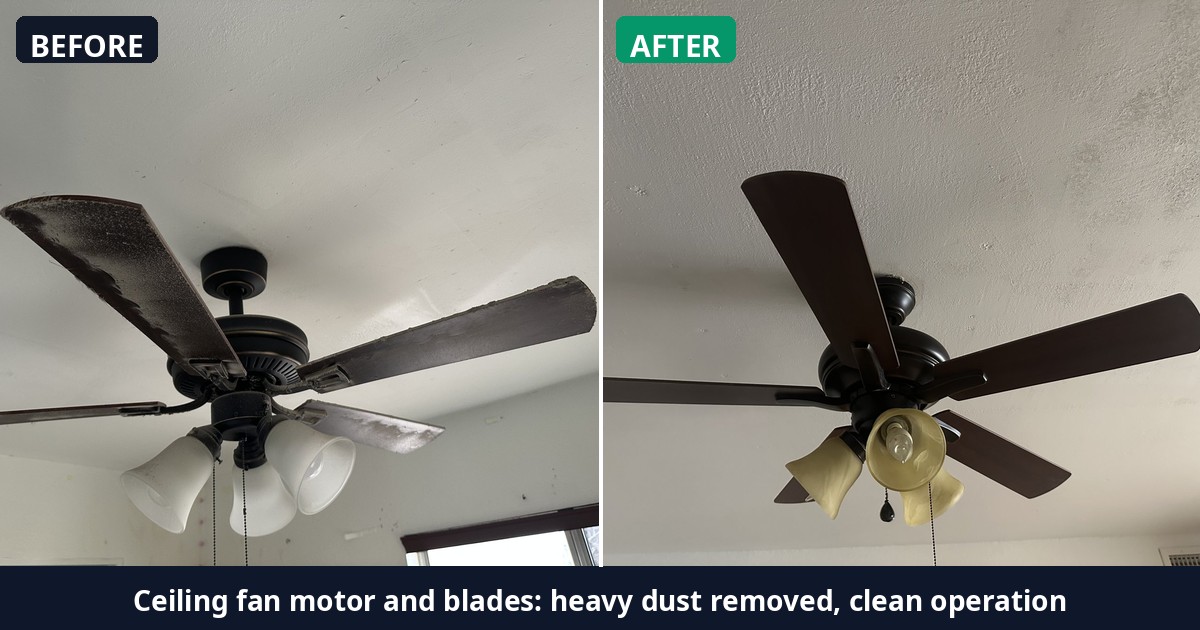 Before and after: Ceiling fan motor and blades: heavy dust removed, clean operation — Alex's Cleaning Service, Tucson AZ