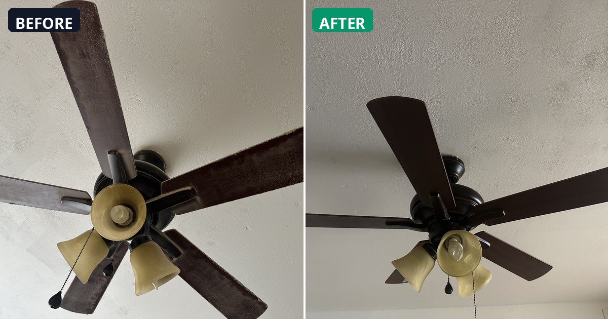 Before and after: Ceiling fan and blades cleaned. Dust completely gone. — Alex's Cleaning Service, Tucson AZ