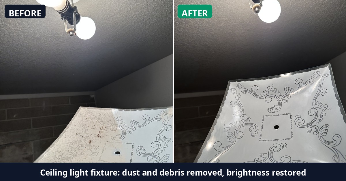 Before and after: Ceiling light fixture: dust and debris removed, brightness restored — Alex's Cleaning Service, Tucson AZ