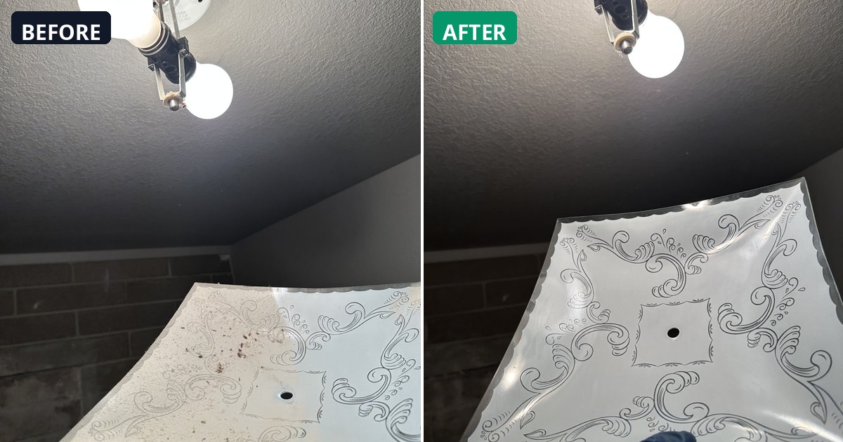 Before and after: Ceiling fixture and shade cleaned to pristine white. — Alex's Cleaning Service, Tucson AZ