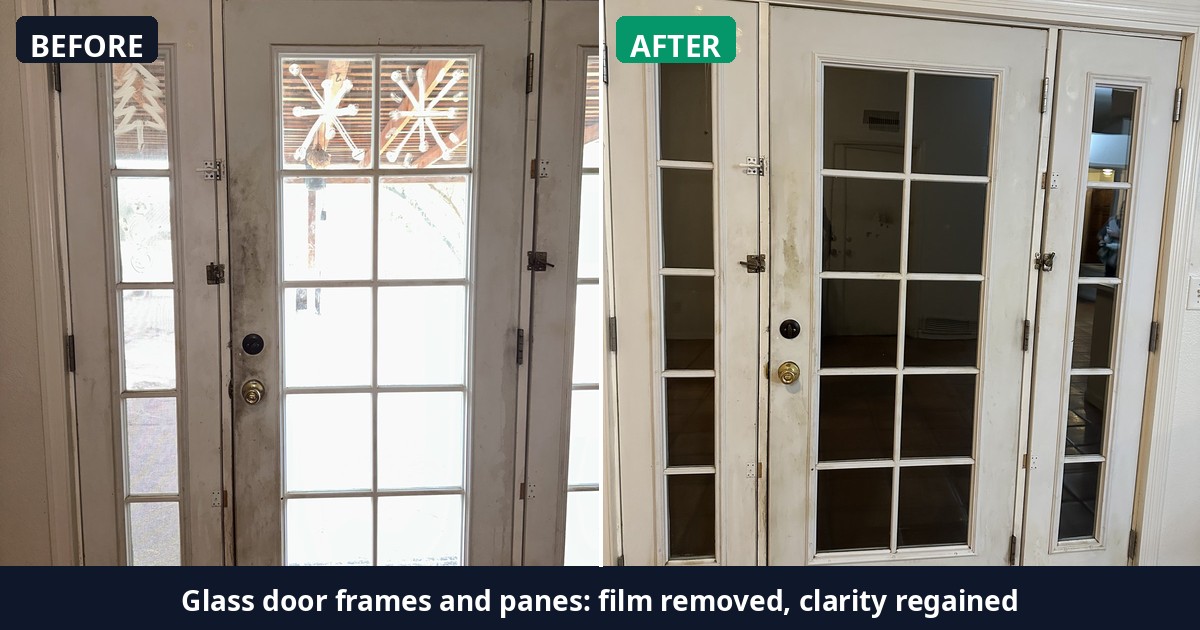Before and after: Glass door frames and panes: film removed, clarity regained — Alex's Cleaning Service, Tucson AZ