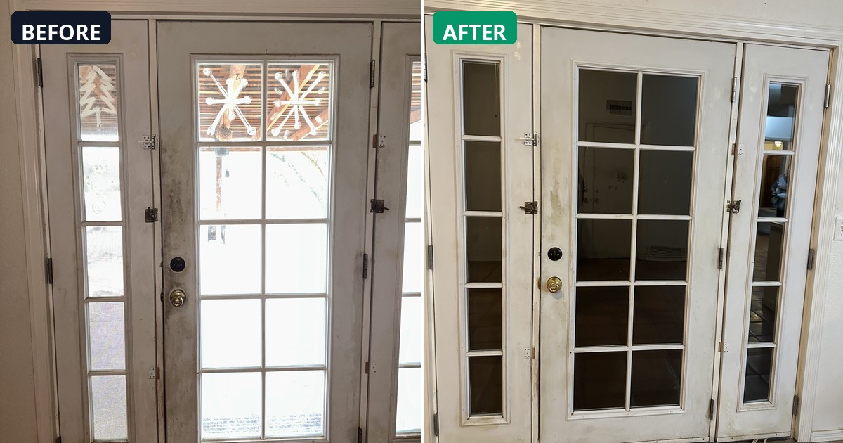 Before and after: Grime and haze cleared away. These glass doors are radiant. — Alex's Cleaning Service, Tucson AZ