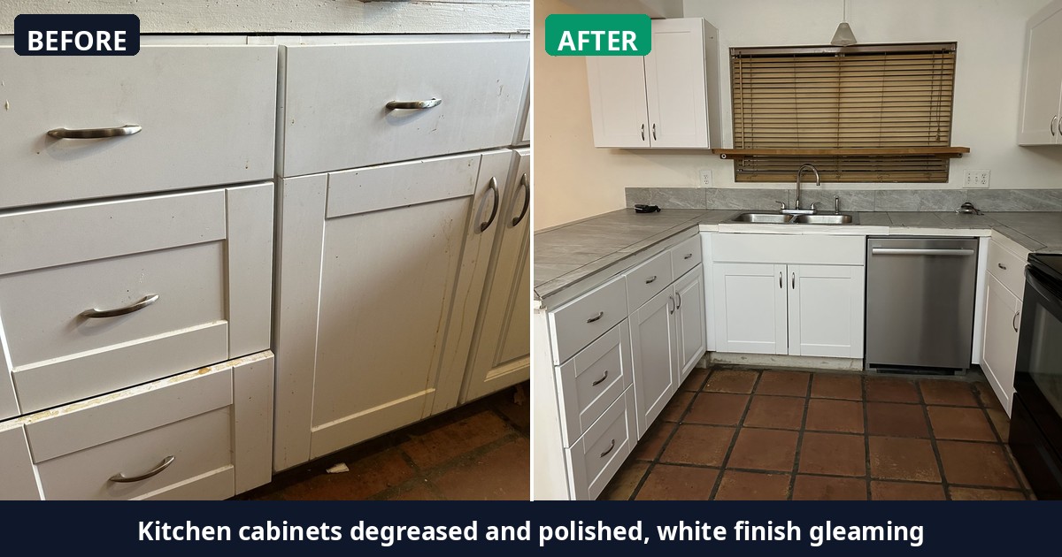 Before and after: Kitchen cabinets degreased and polished, white finish gleaming — Alex's Cleaning Service, Tucson AZ