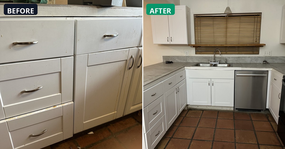Before and after: Kitchen cabinets and countertops cleaned. Now bright and fresh. — Alex's Cleaning Service, Tucson AZ
