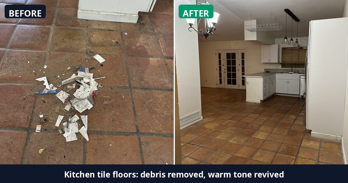 Before and after: Kitchen tile floors: debris removed, warm tone revived — Alex's Cleaning Service, Tucson AZ
