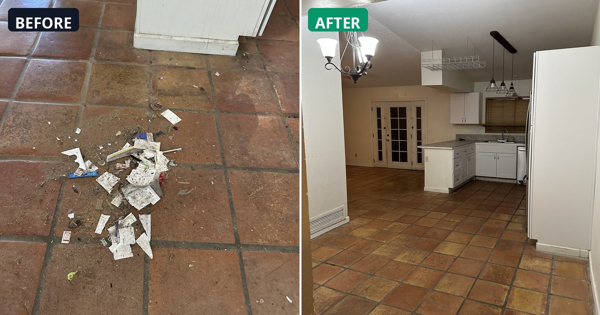 Before and after: Debris and clutter cleared away. These terra cotta tiles gleam. — Alex's Cleaning Service, Tucson AZ