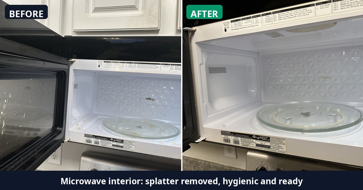 Before and after: Microwave interior: splatter removed, hygienic and ready — Alex's Cleaning Service, Tucson AZ