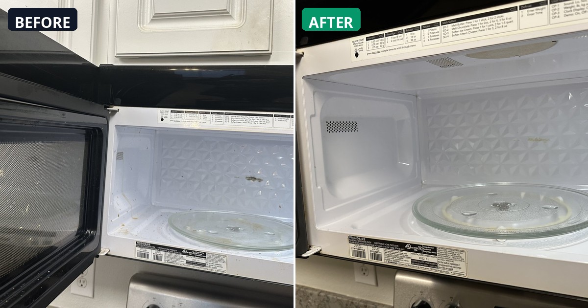 Before and after: Microwave interior transformed. Splatter and buildup completely gone. — Alex's Cleaning Service, Tucson AZ