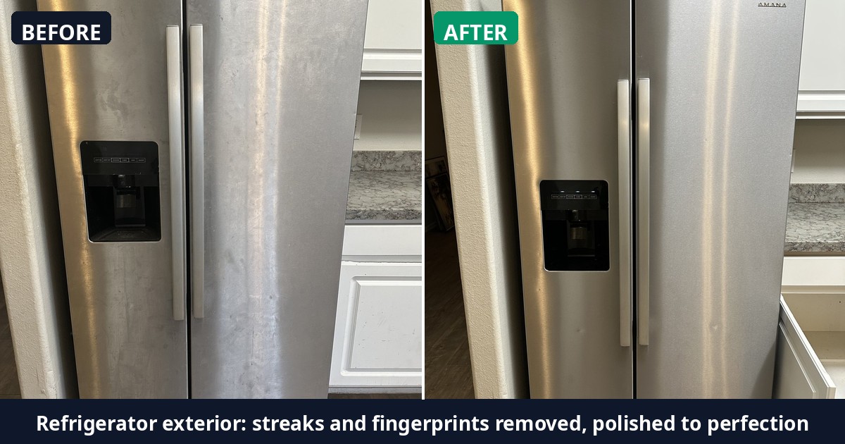 Before and after: Refrigerator exterior: streaks and fingerprints removed, polished to perfection — Alex's Cleaning Service, Tucson AZ
