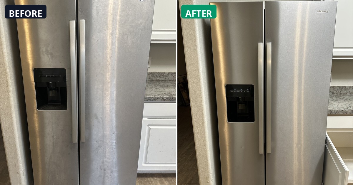 Before and after: Fingerprints and grime gone. This refrigerator gleams. — Alex's Cleaning Service, Tucson AZ