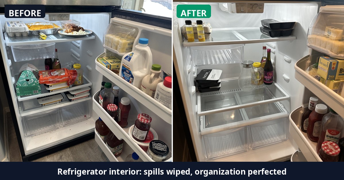 Before and after: Refrigerator interior: spills wiped, organization perfected — Alex's Cleaning Service, Tucson AZ