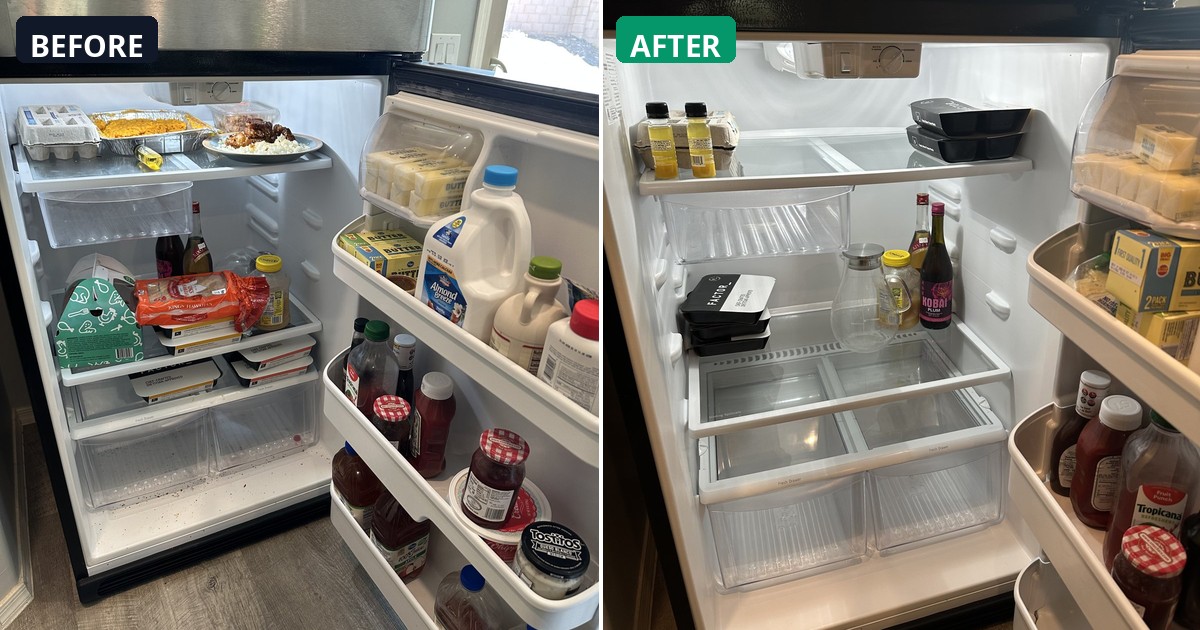 Before and after: Refrigerator interior cleaned and organized. Now fresh and spotless. — Alex's Cleaning Service, Tucson AZ