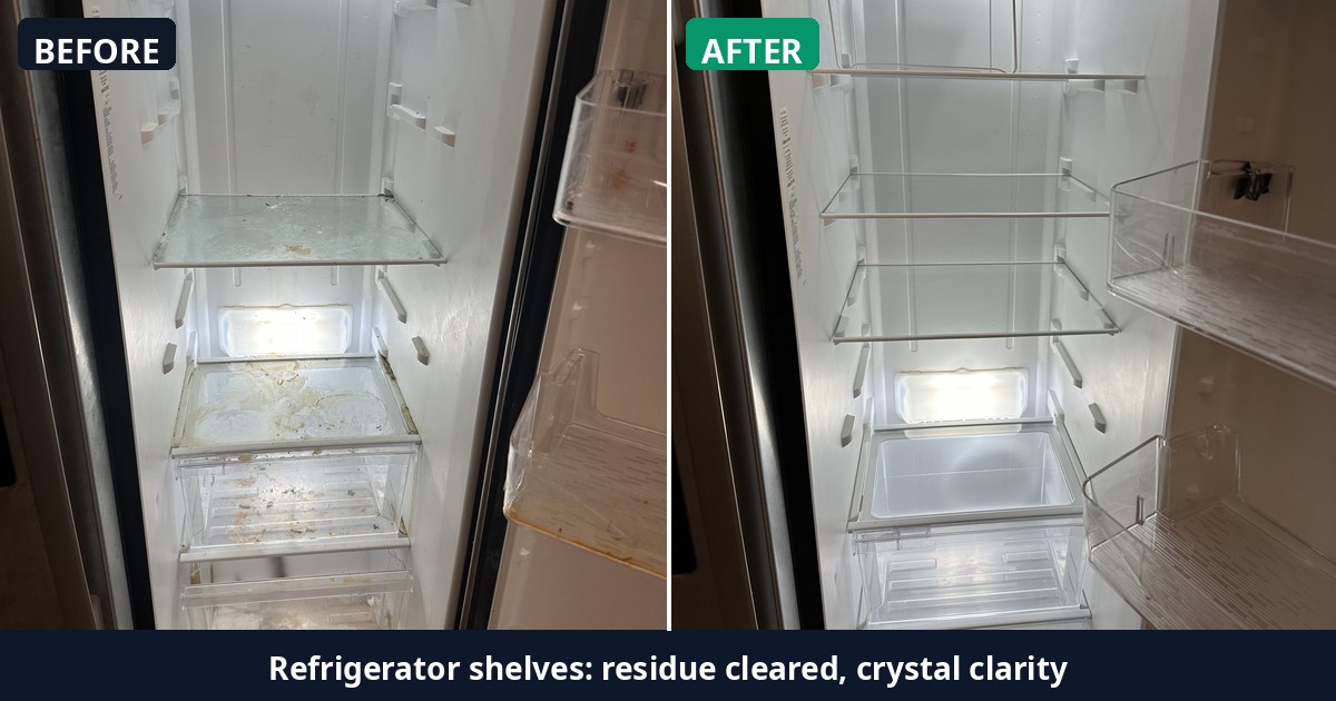 Before and after: Refrigerator shelves: residue cleared, crystal clarity — Alex's Cleaning Service, Tucson AZ