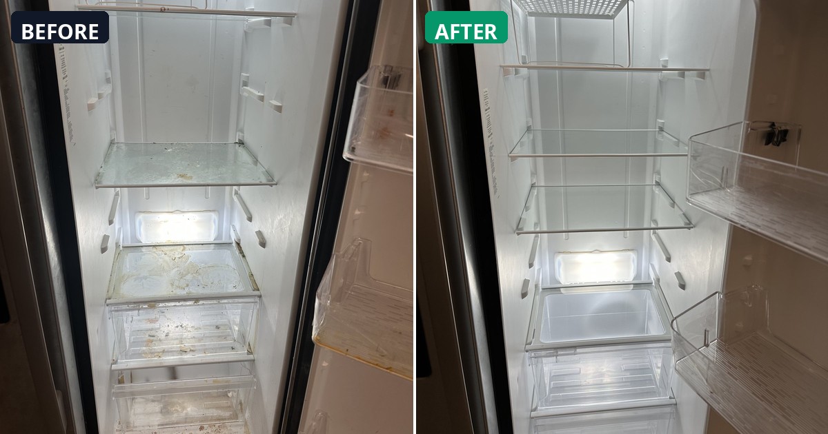 Before and after: Years of grime cleared away. This refrigerator interior is spotless. — Alex's Cleaning Service, Tucson AZ