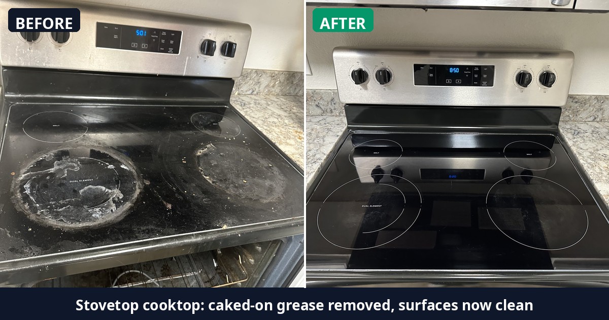 Before and after: Stovetop cooktop: caked-on grease removed, surfaces now clean — Alex's Cleaning Service, Tucson AZ
