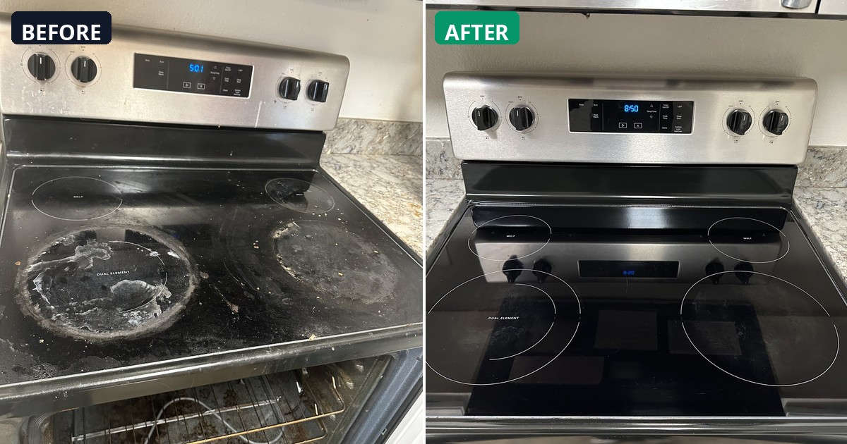 Before and after: Baked-on buildup completely removed. This stovetop looks brand new. — Alex's Cleaning Service, Tucson AZ