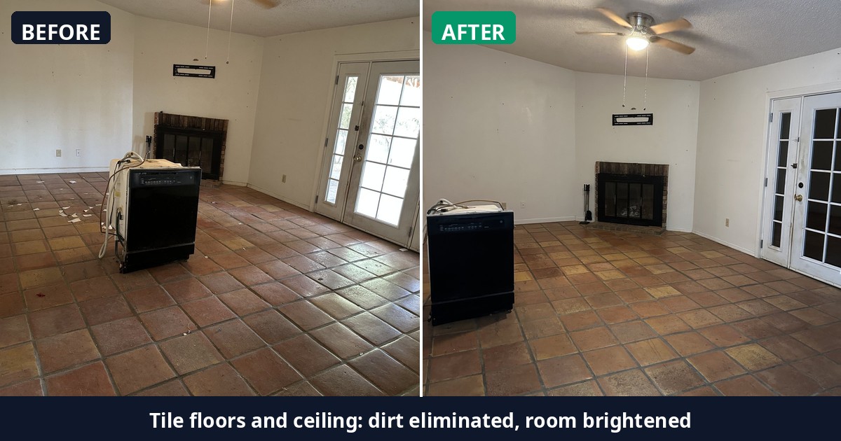 Before and after: Tile floors and ceiling: dirt eliminated, room brightened — Alex's Cleaning Service, Tucson AZ