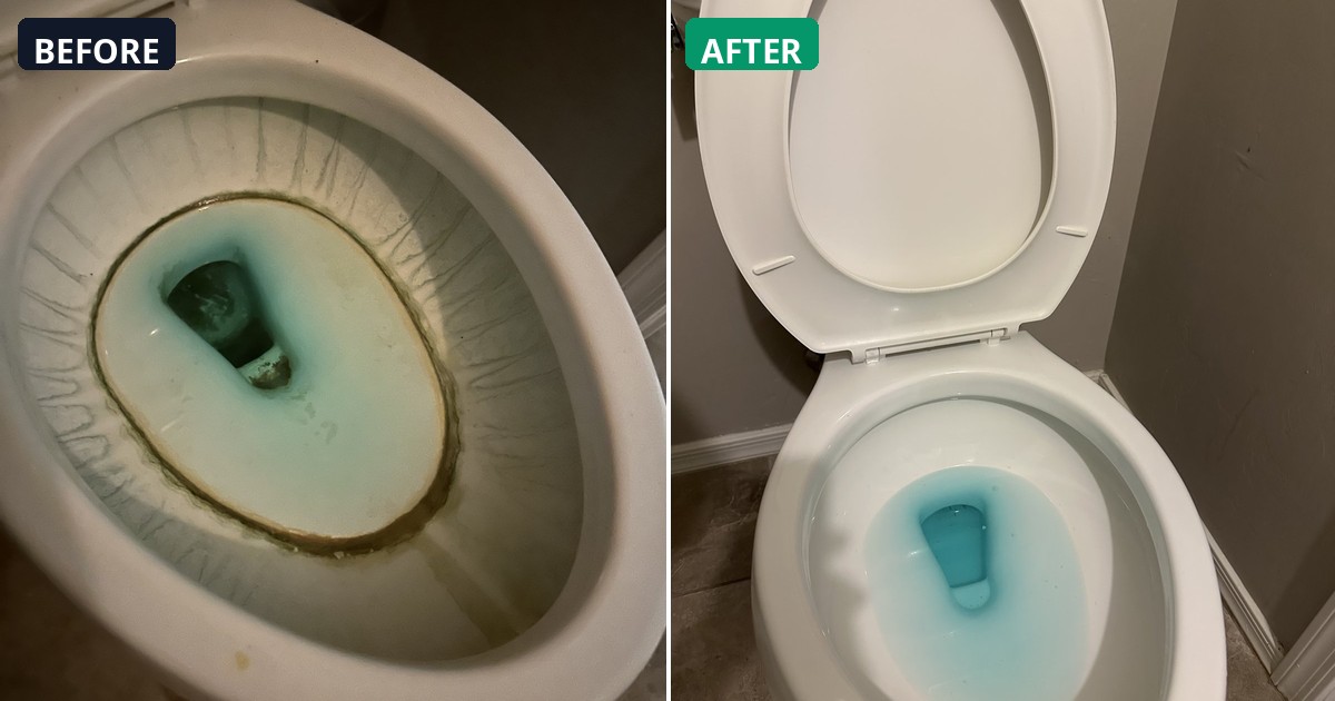 Before and after: Heavy stains and discoloration removed. This toilet bowl is spotless. — Alex's Cleaning Service, Tucson AZ