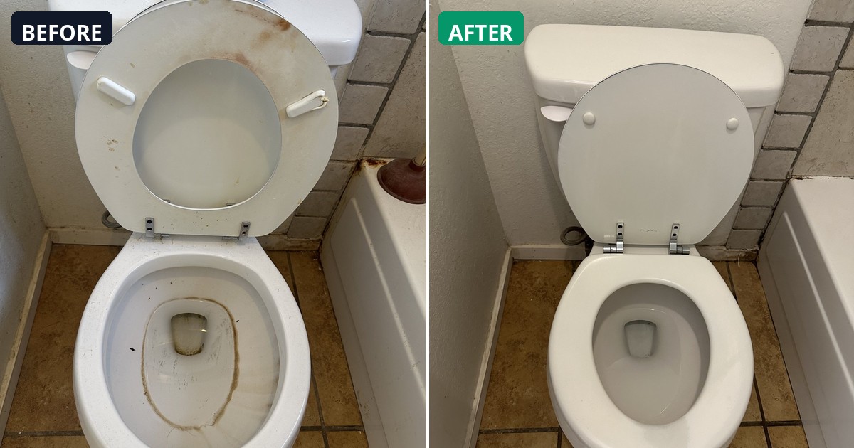 Before and after: Toilet seat and bowl restored to clean white. — Alex's Cleaning Service, Tucson AZ