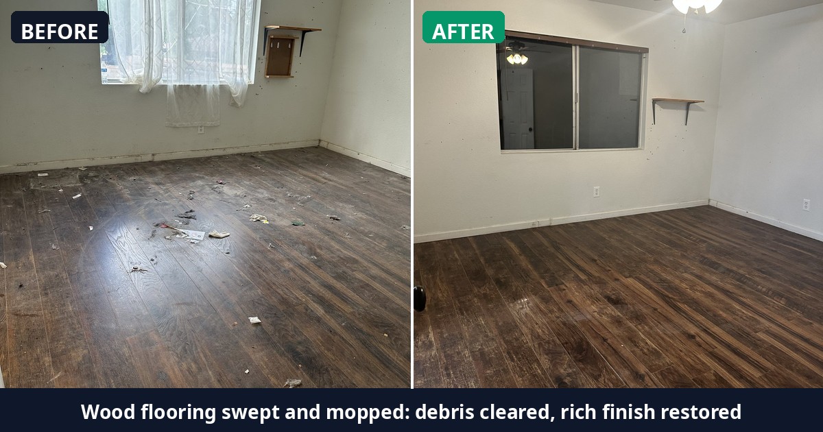 Before and after: Wood flooring swept and mopped: debris cleared, rich finish restored — Alex's Cleaning Service, Tucson AZ