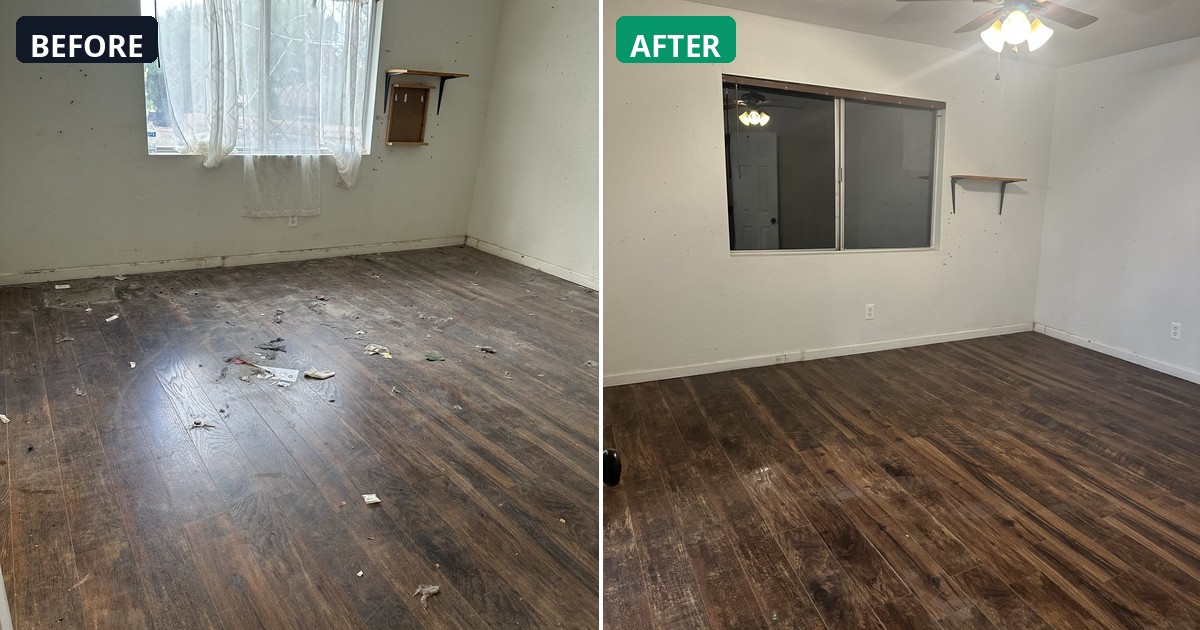 Before and after: Debris and dust cleared away. These wood floors are pristine. — Alex's Cleaning Service, Tucson AZ