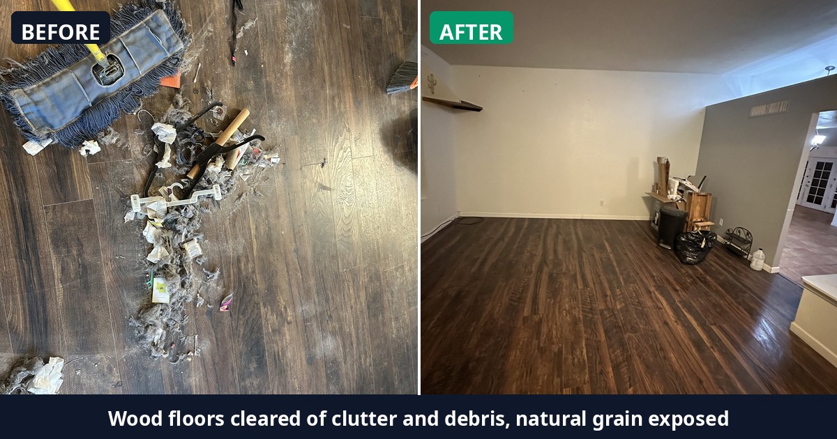 Before and after: Wood floors cleared of clutter and debris, natural grain exposed — Alex's Cleaning Service, Tucson AZ