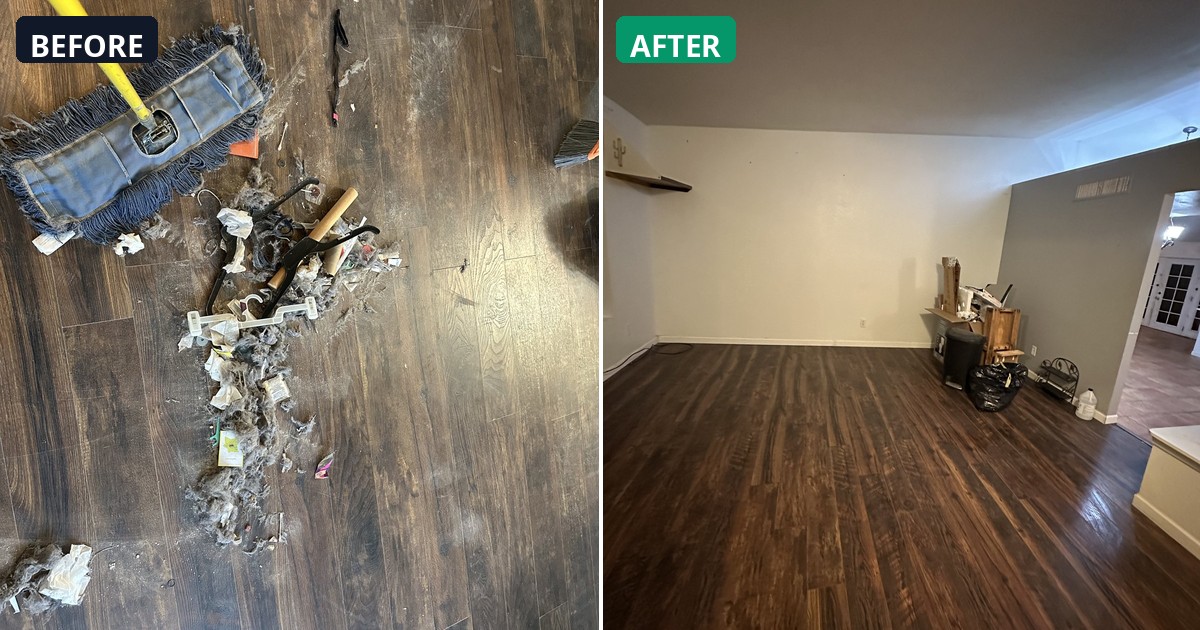 Before and after: Debris and dust cleared away. These wood floors are gleaming. — Alex's Cleaning Service, Tucson AZ