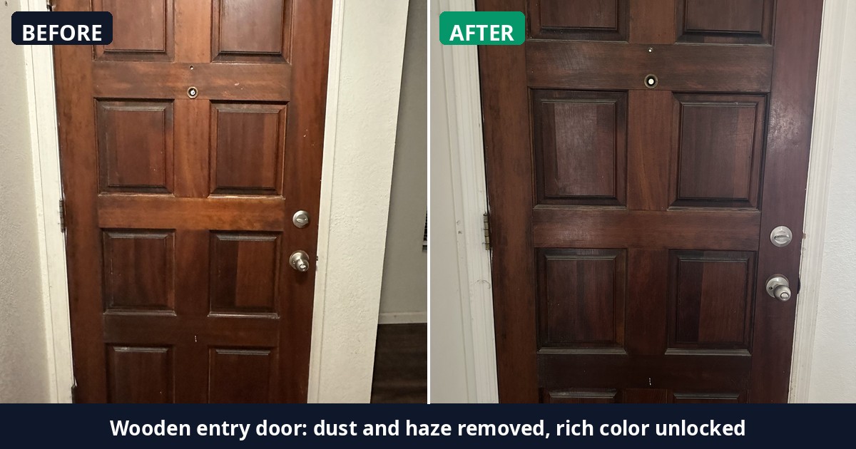 Before and after: Wooden entry door: dust and haze removed, rich color unlocked — Alex's Cleaning Service, Tucson AZ