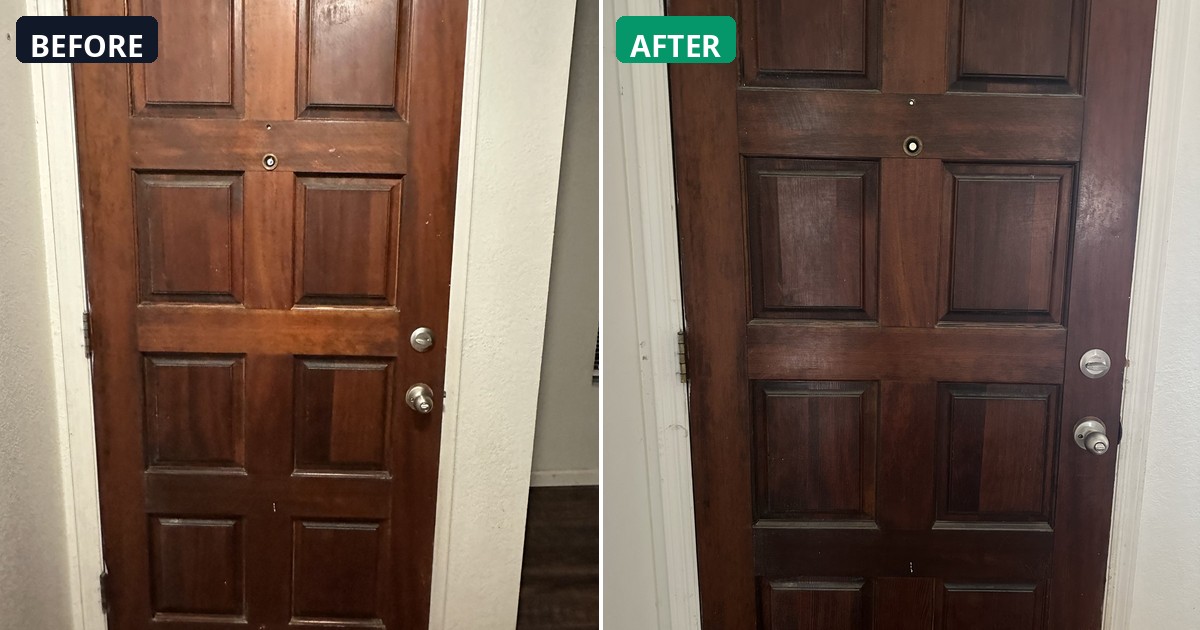 Before and after: Grime and buildup cleared away. This wood door is renewed. — Alex's Cleaning Service, Tucson AZ