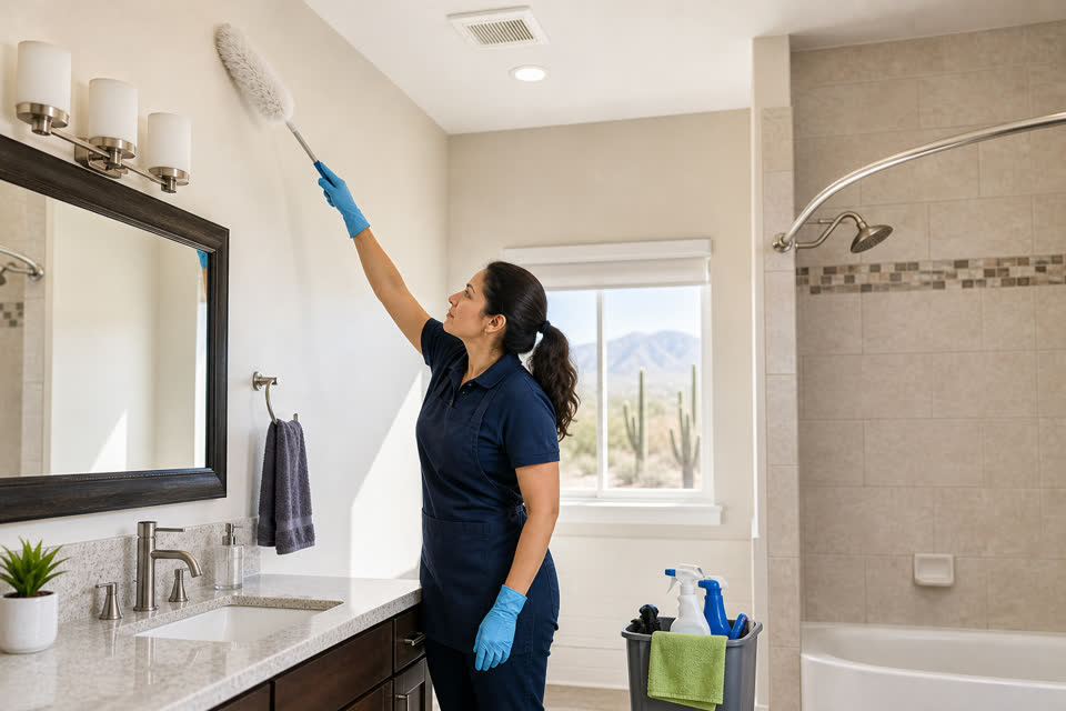 Professional cleaner dusting a high bathroom wall area before cleaning lower fixtures.