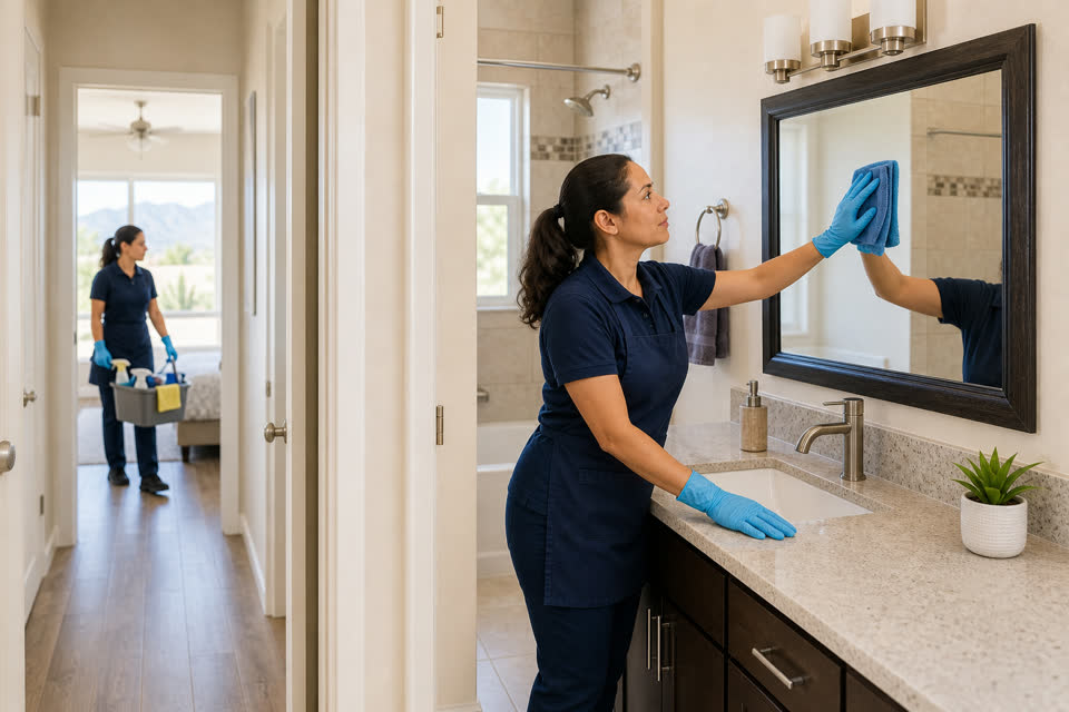 Professional cleaner wiping a bathroom sink as part of a whole-house cleaning visit.