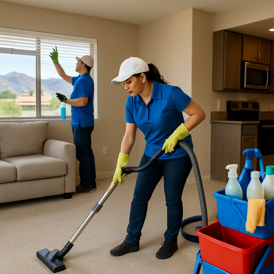 Professional cleaning crew working through a Tucson home, top to bottom.