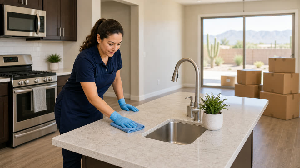 Professional cleaner wiping a kitchen counter before a move-in.